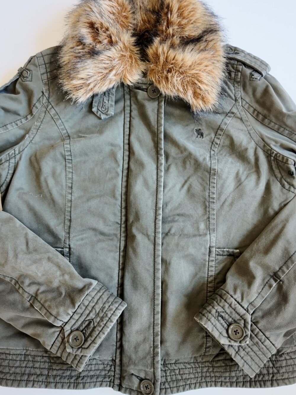 VTG Y2K Abercrombie & Fitch Olive Green Utility Jacket Faux Fur Collar SIZE L